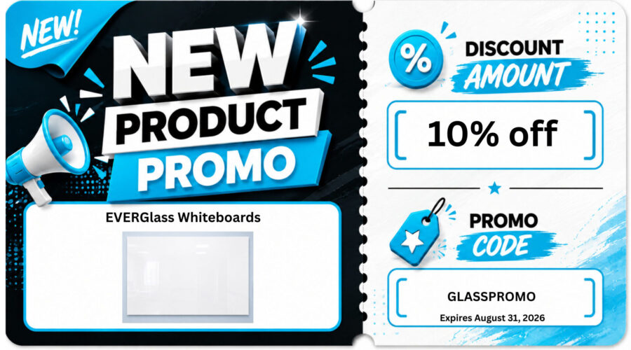 Two-page promo flyer: bold 'NEW PRODUCT PROMO' on the left and a blue '10% off' discount on the right with blue accents.
