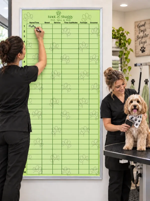 Custom printed Knot 2 Shaggy pet spa grooming schedule whiteboard